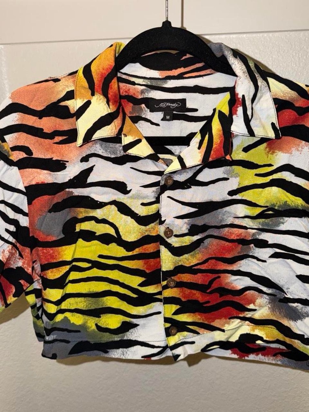 Cropped Short-Sleeve Zebra Stripe Button-Front Top in Multicolor